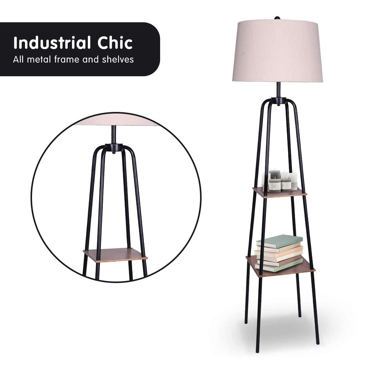 Metal Etagere Floor Lamp | Metal Shade, Wooden Shelf, Modern Style