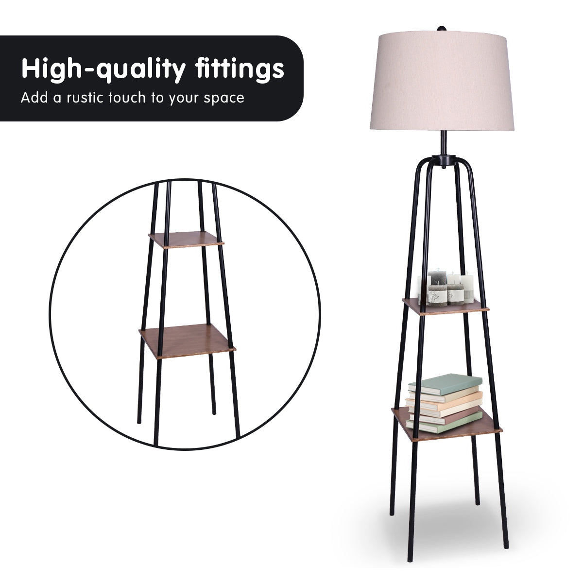 Metal Etagere Floor Lamp | Metal Shade, Wooden Shelf, Modern Style