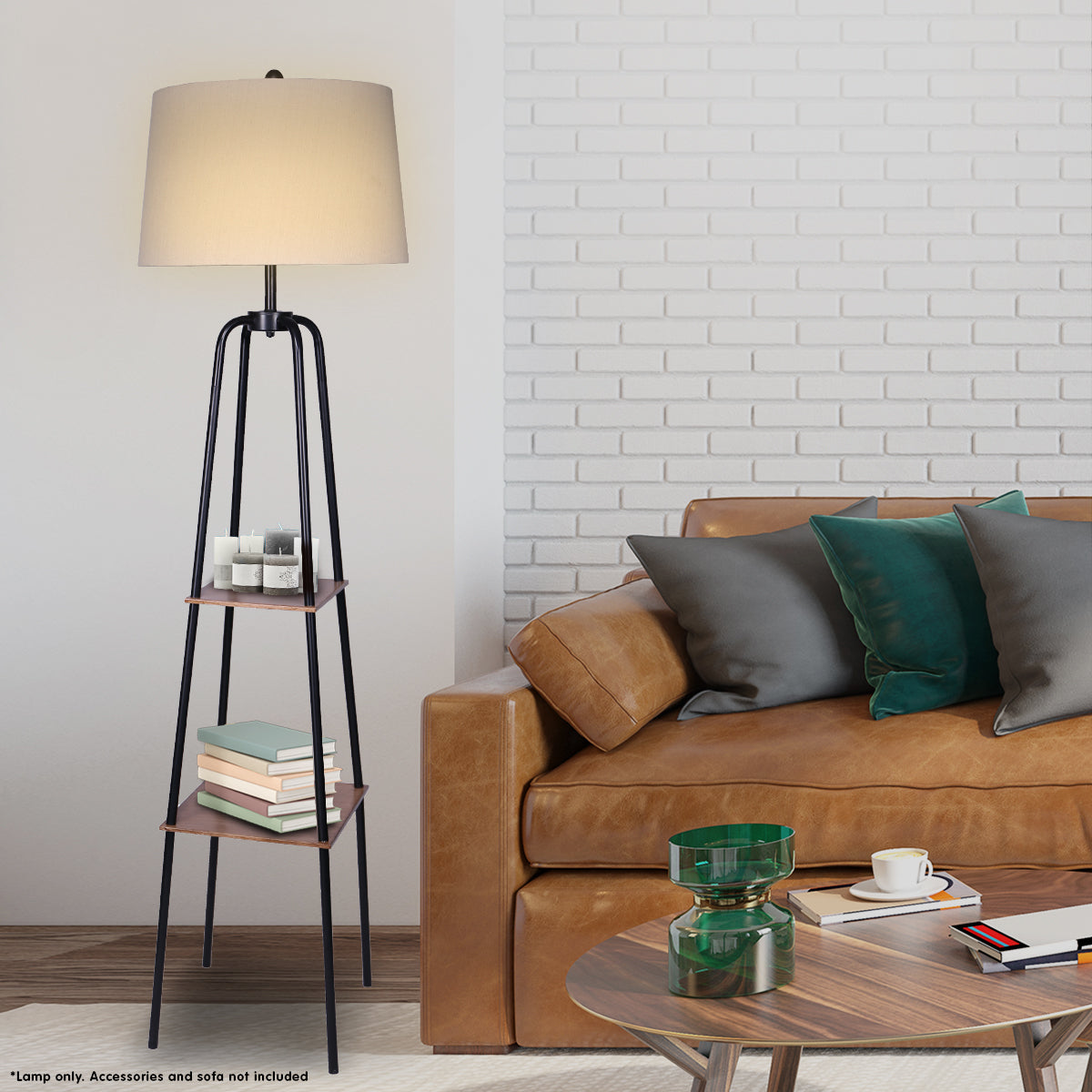 Metal Etagere Floor Lamp | Metal Shade, Wooden Shelf, Modern Style