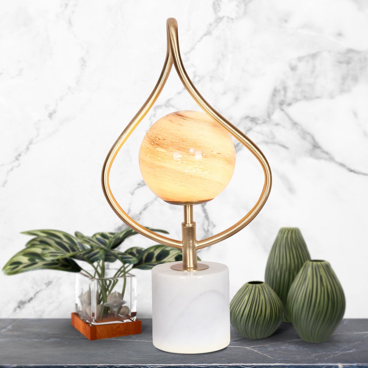 Sculptural Orange Glass Table Lamp with White Marble Base | Artistic Lighting