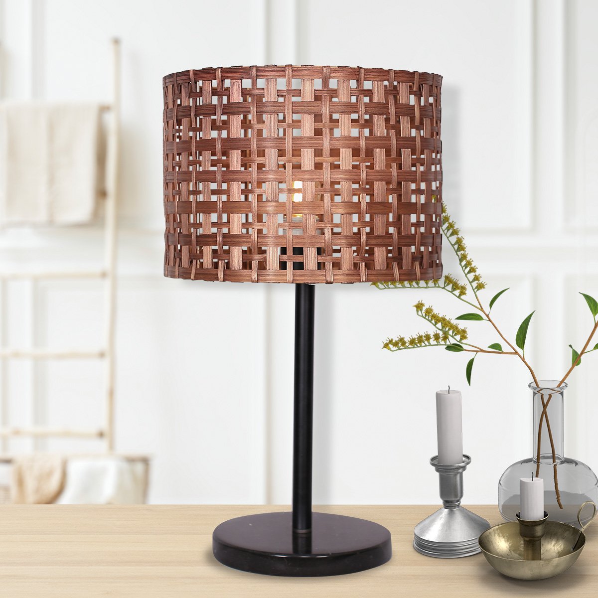 Rattan Desk Lamp with Black Marble Base | Natural, Contemporary Design