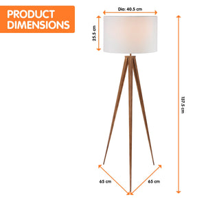 Metal Tripod Floor Spot Lamp | Shade Drum | Wooden Finish