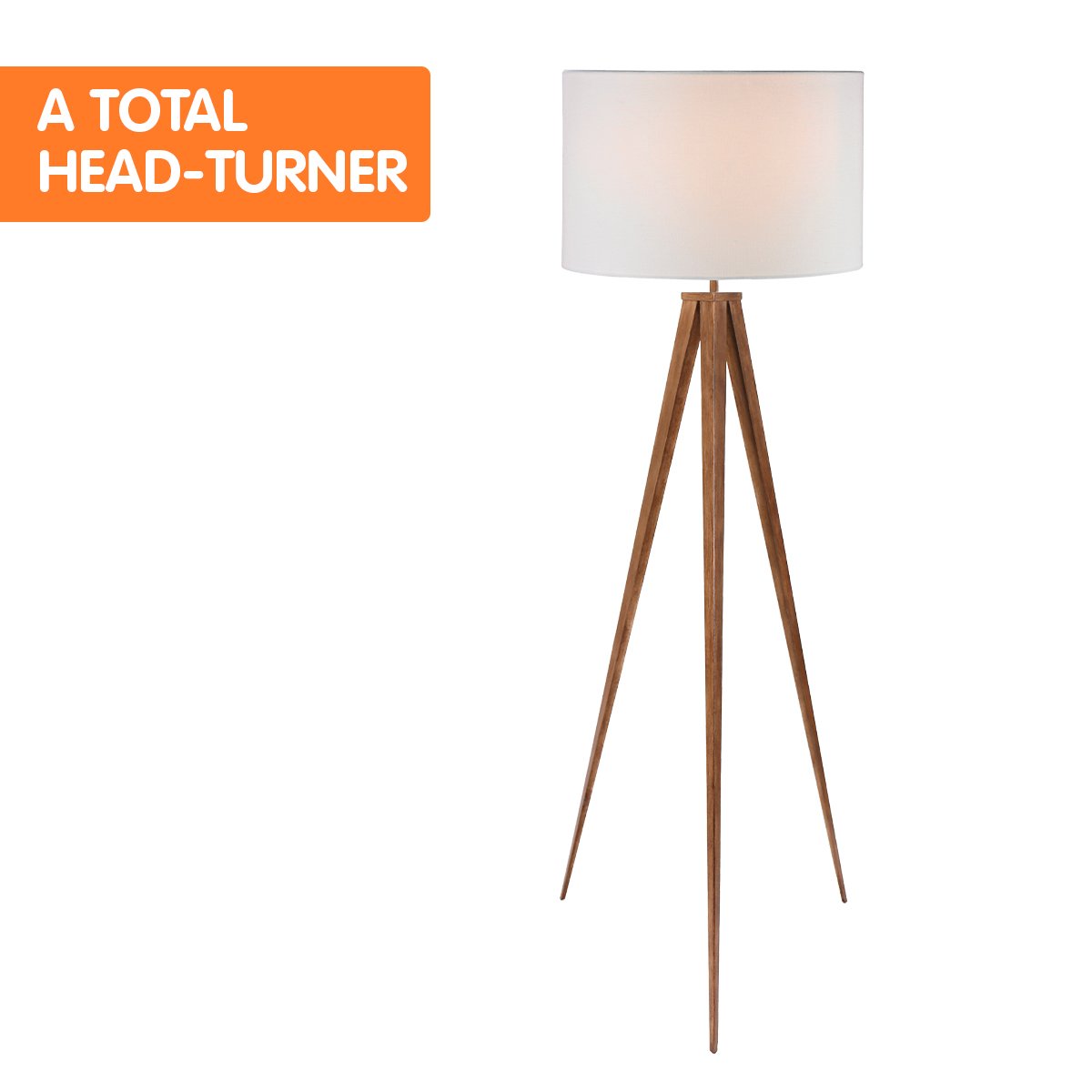 Metal Tripod Floor Spot Lamp | Shade Drum | Wooden Finish