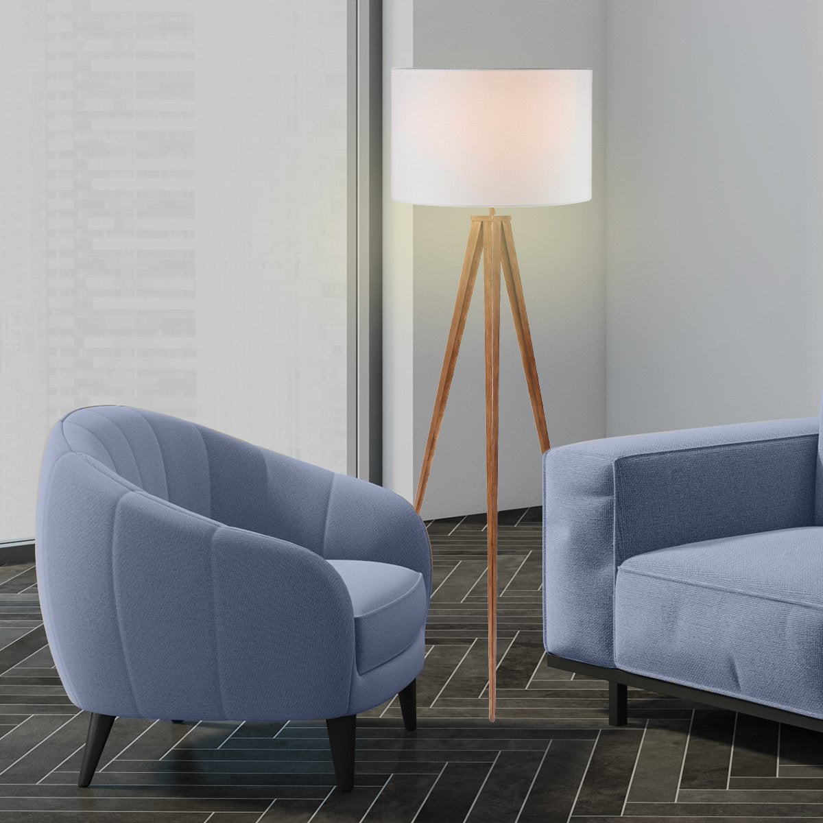 Metal Tripod Floor Spot Lamp | Shade Drum | Wooden Finish