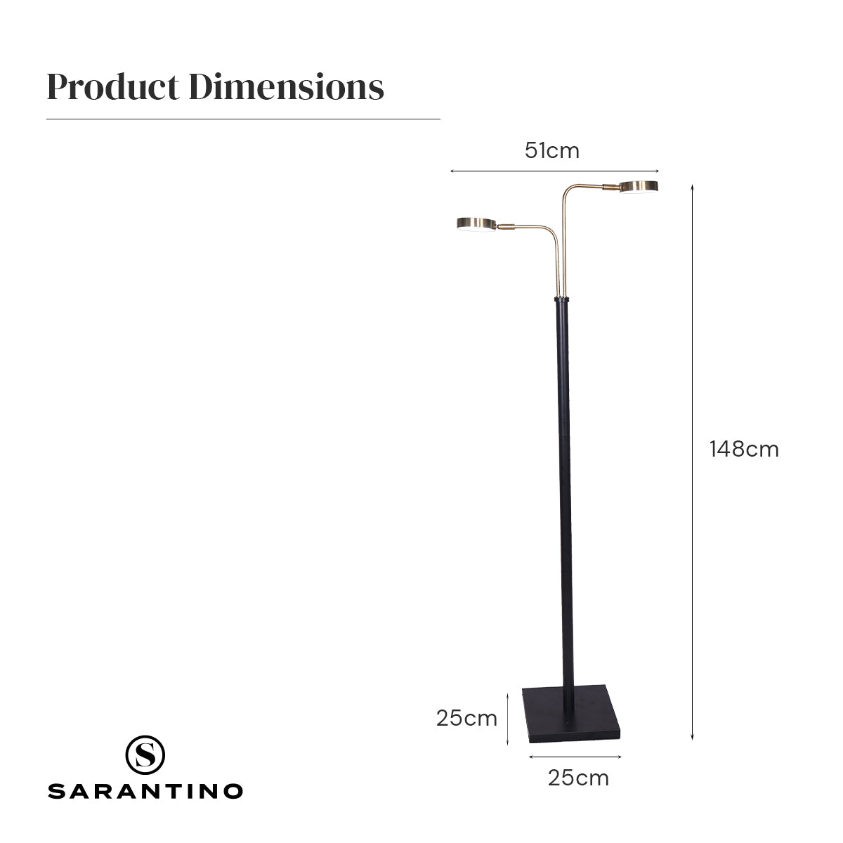 LED Metal Floor Lamp with 2 Lights | Brushed Gold and Black Finish