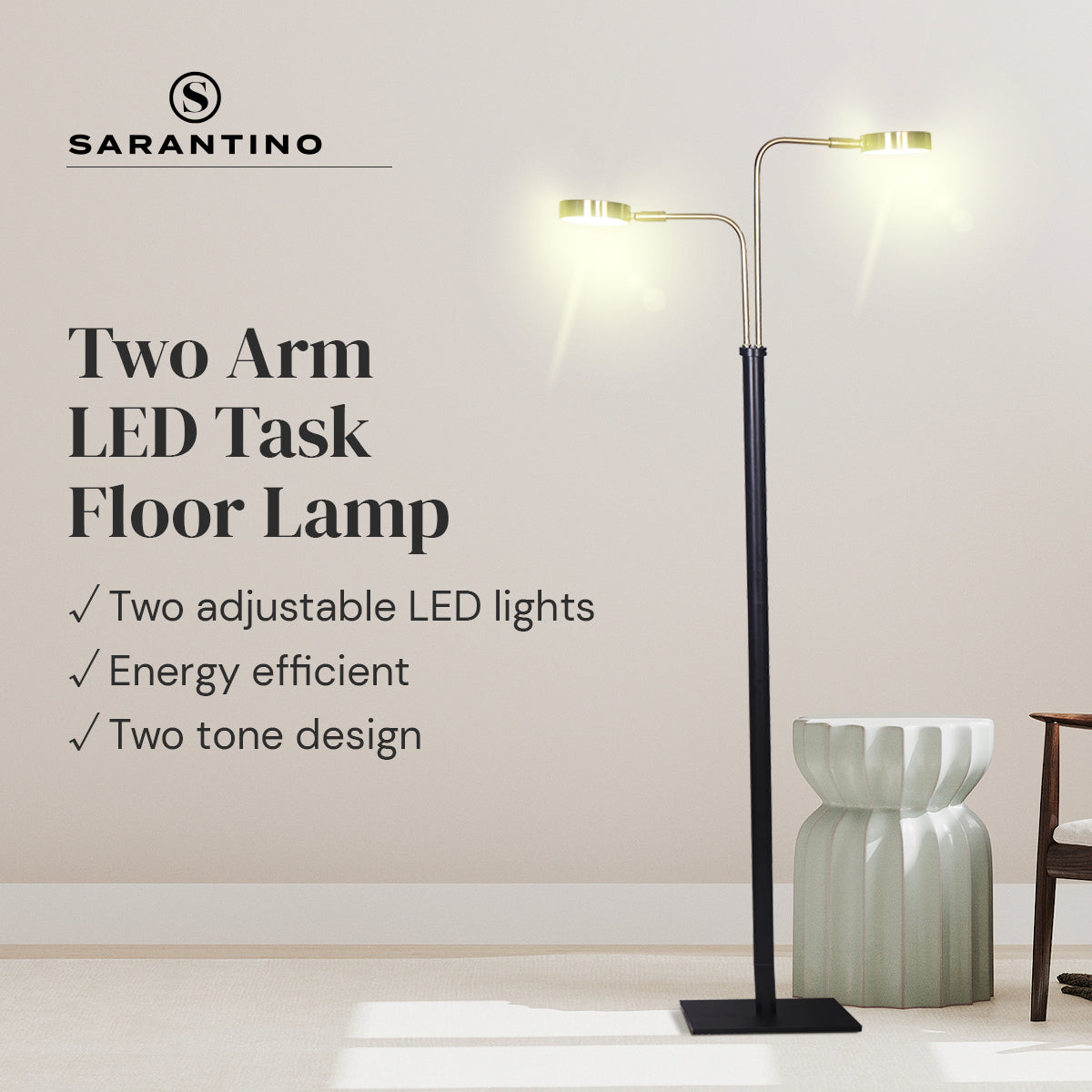 LED Metal Floor Lamp with 2 Lights | Brushed Gold and Black Finish