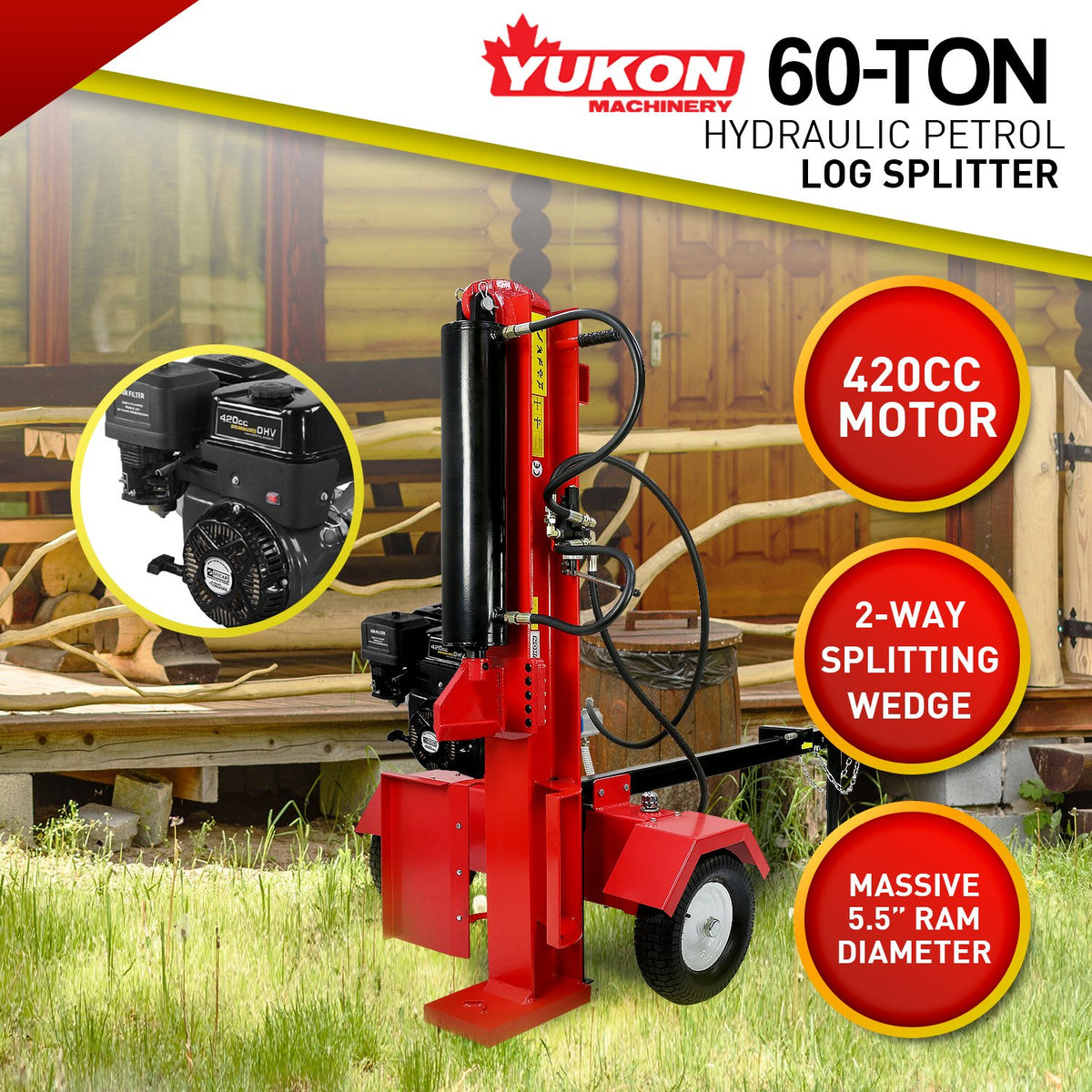Yukon Log Splitter | 60 Ton Hydraulic | 420cc Petrol Engine | Firewood Cutter