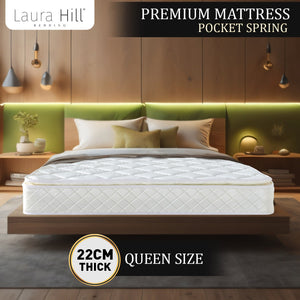 Laura Hill Queen Mattress | Pillow Top Pocket Spring | High Density Foam | 22cm