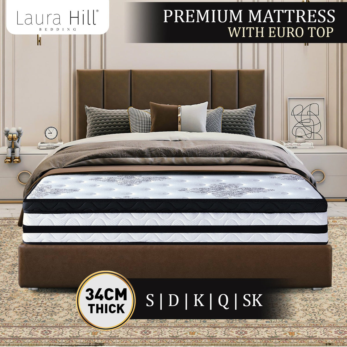 Laura Hill King Mattress | Euro Top | 5 Zone Spring Foam | 34cm | Bedding