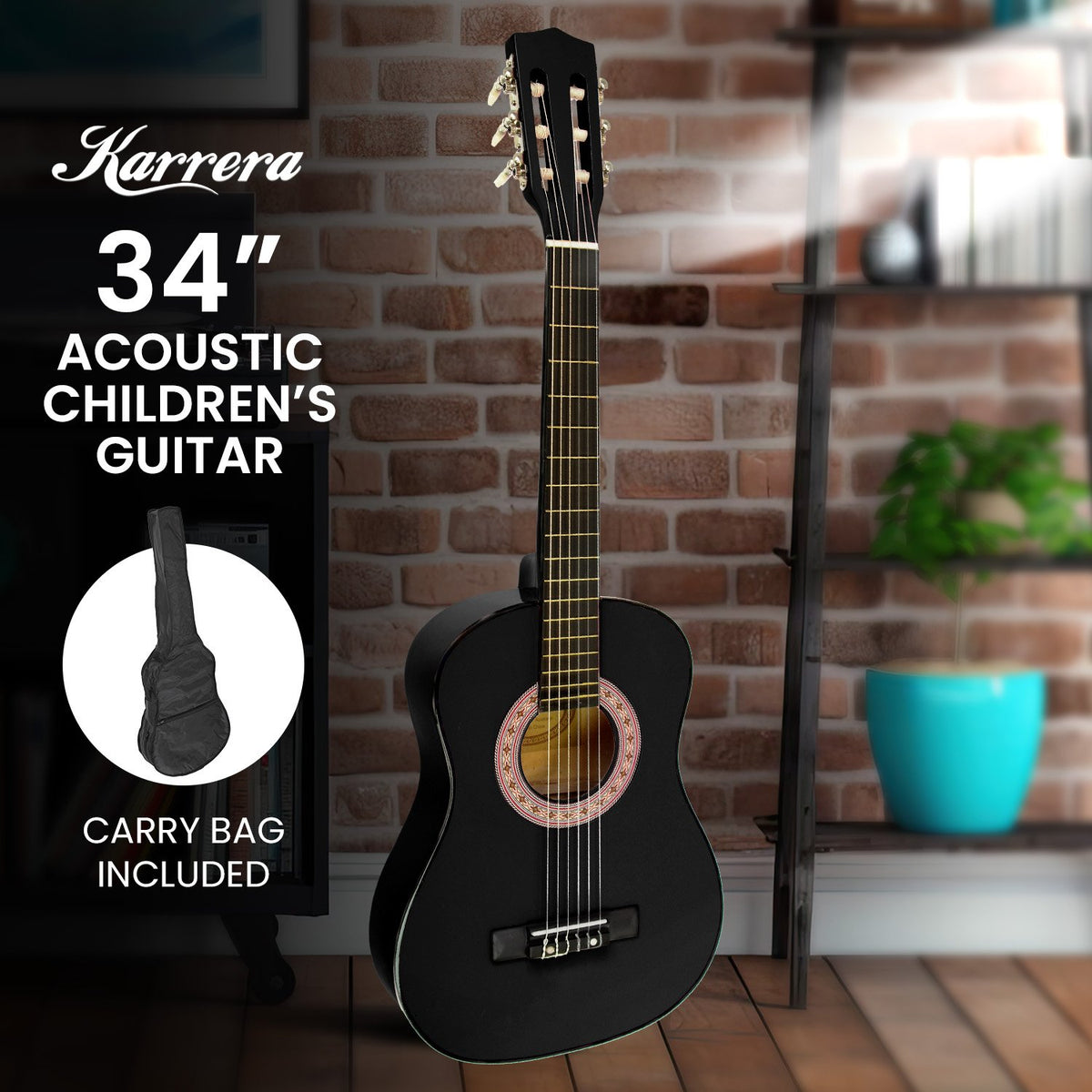 Karrera 34in Acoustic Children's Wooden Guitar | Black | Entry-Level Instrument