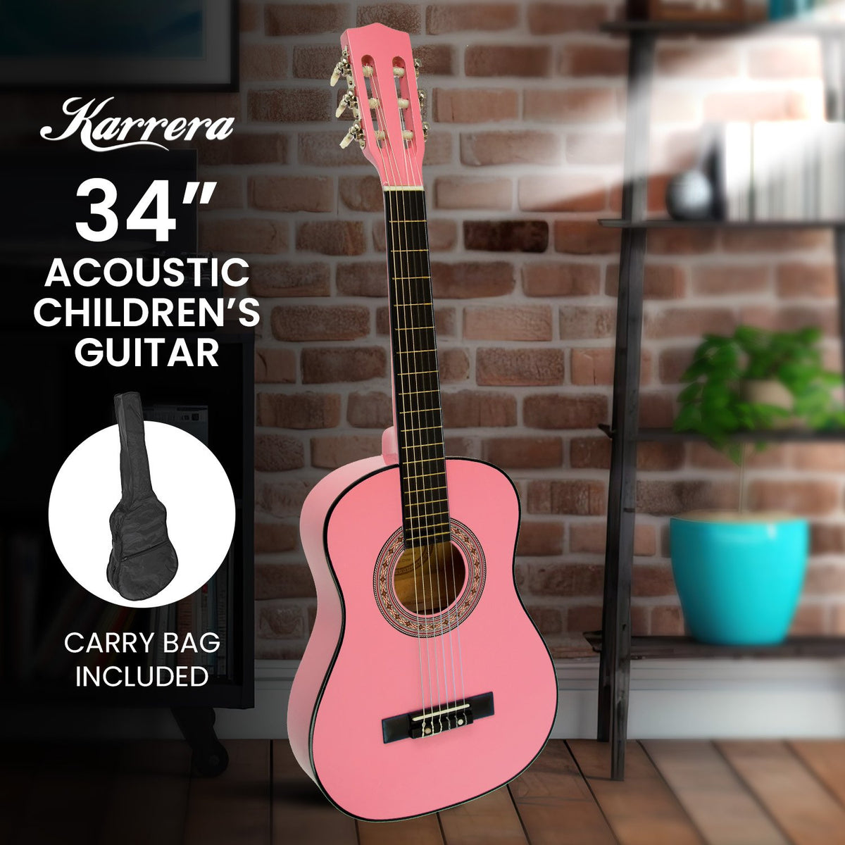 Karrera 34in Acoustic Wooden Children's Guitar | Pink | Beginner Kids Guitar