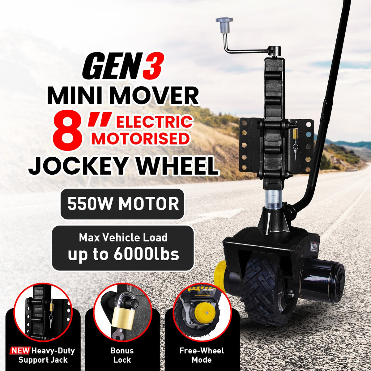 Mini Mover Gen3 12V 550W Electric Motorised Jockey Wheel | Black