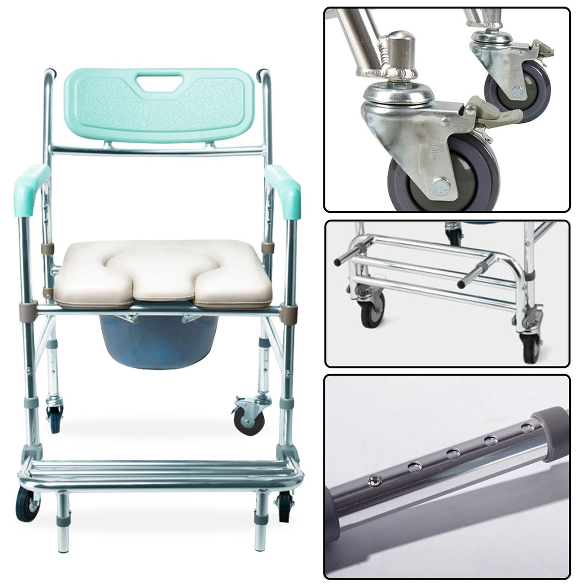 Orthonica Commode Chair with Castors | Aluminium Frame | Footrest | Soft Push Handles