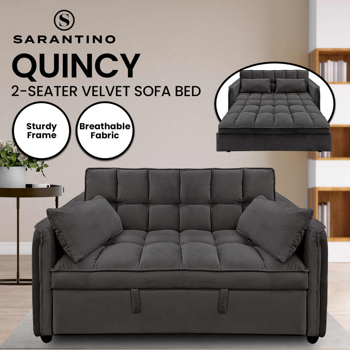 Sarantino Quincy 2-Seater Velvet Sofa Bed | Dark Grey | Wooden Frame & Tufted Design