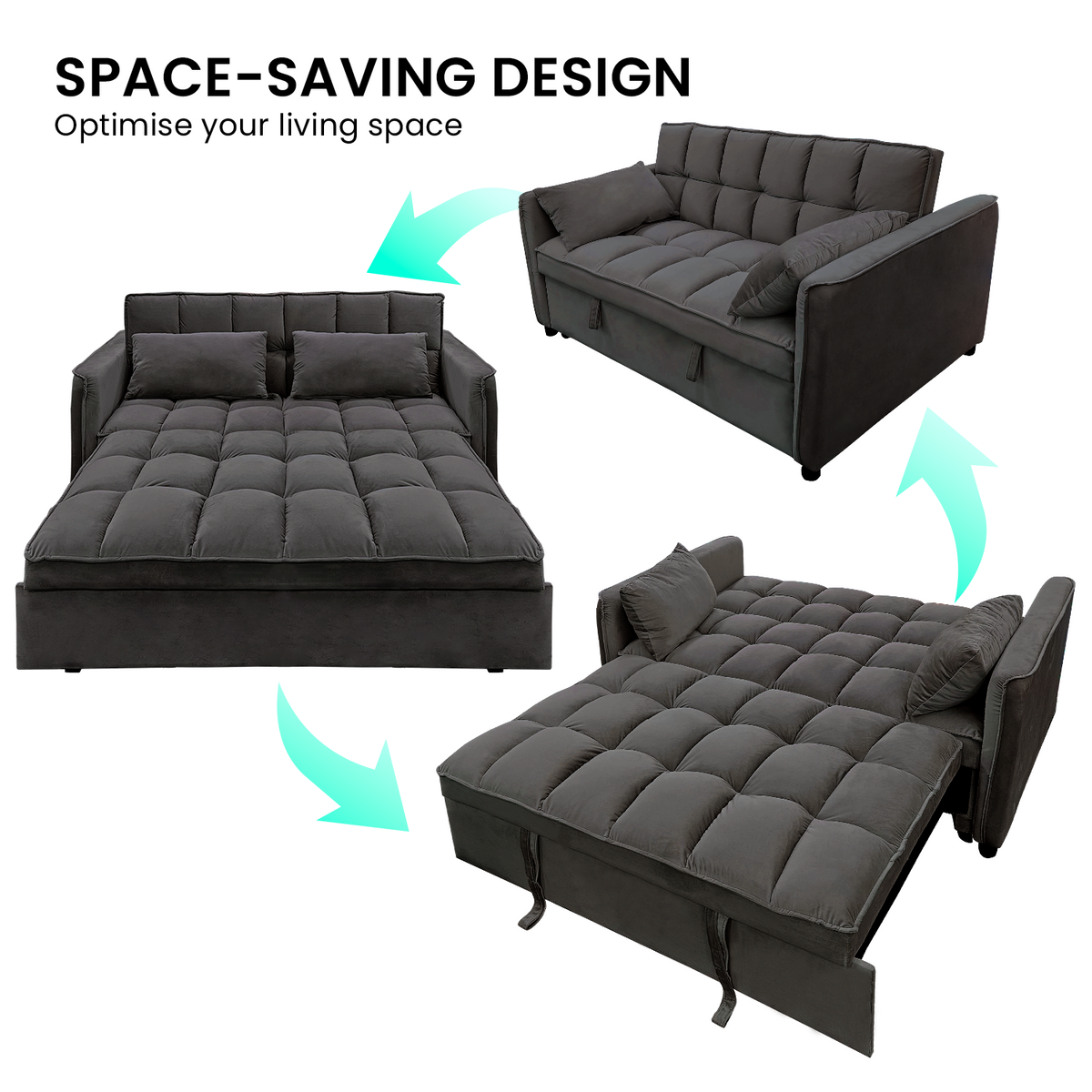Sarantino Quincy 2-Seater Velvet Sofa Bed | Dark Grey | Wooden Frame & Tufted Design