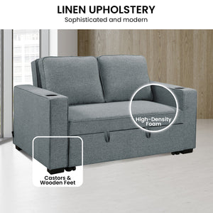 Sarantino Hoffman Linen Sofa Bed | With Cushions & Cup Holders | Dark Grey