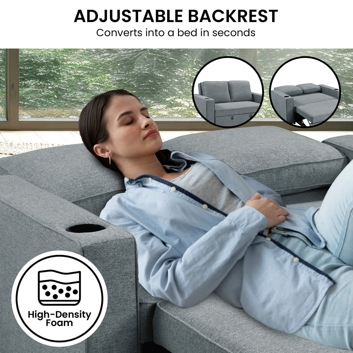 Sarantino Hoffman Linen Sofa Bed | With Cushions & Cup Holders | Dark Grey