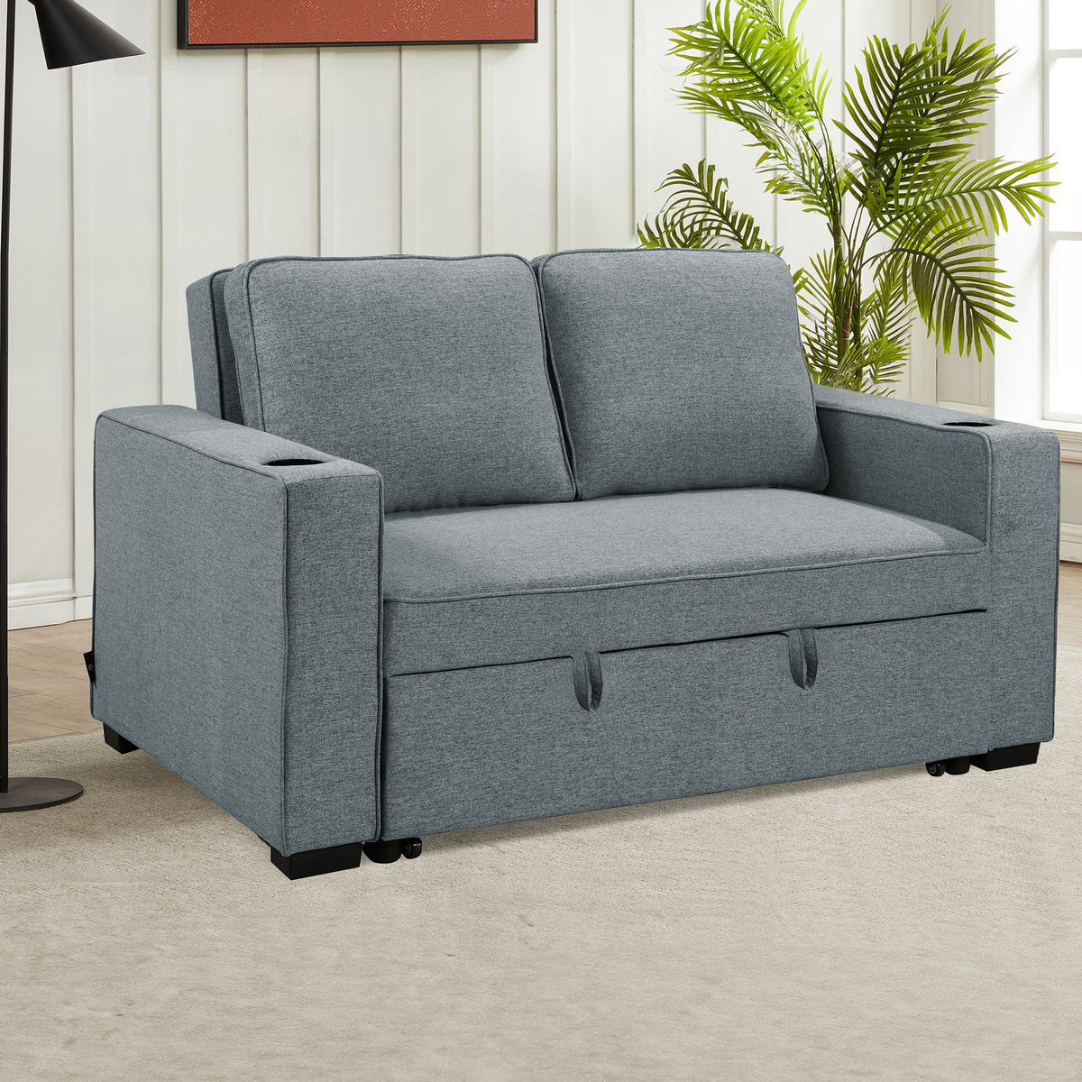 Sarantino Hoffman Linen Sofa Bed | With Cushions & Cup Holders | Dark Grey
