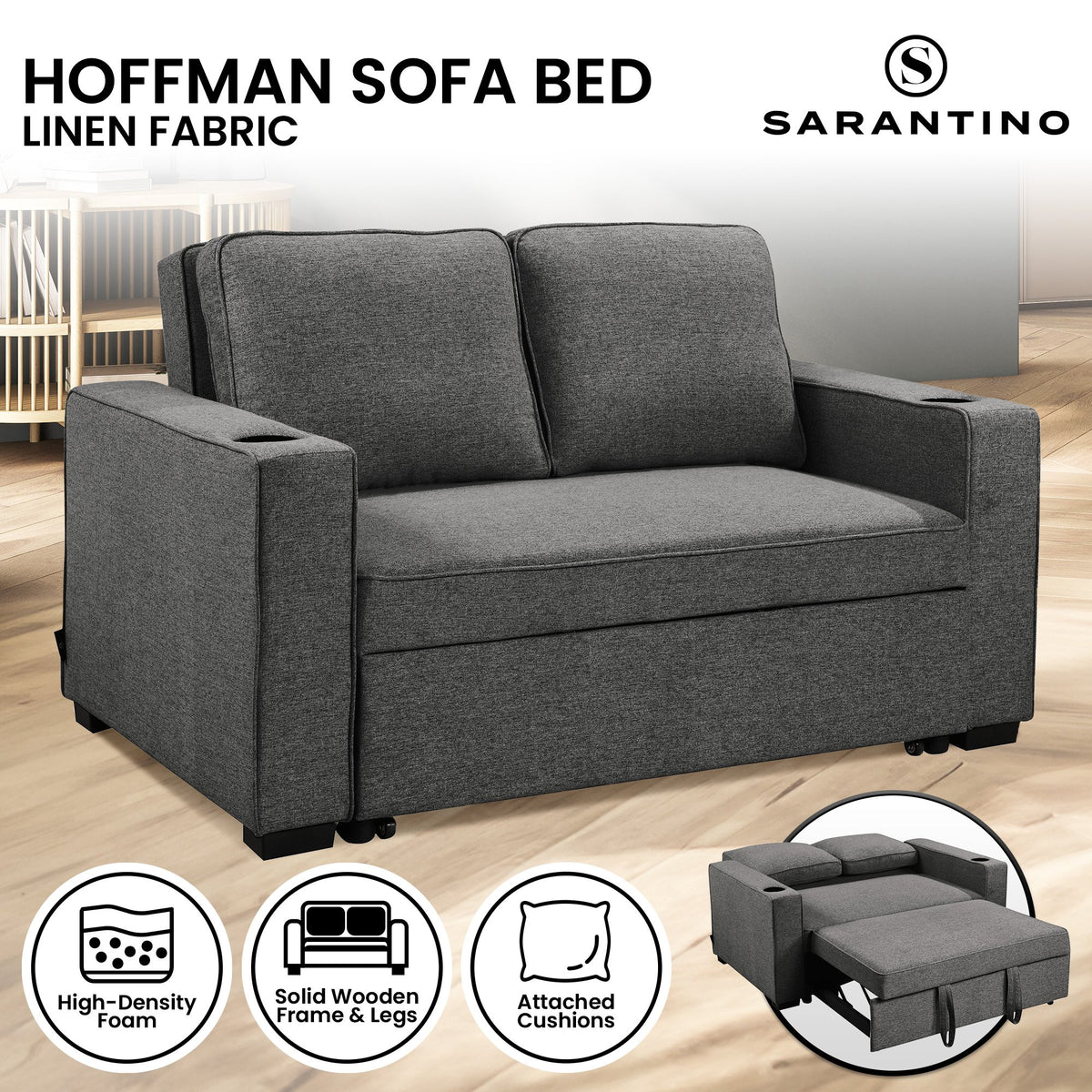 Sarantino Hoffman Convertible Sofa Bed | Dark Grey | Cushions & Cupholders | Scandinavian Wooden Frame & Legs