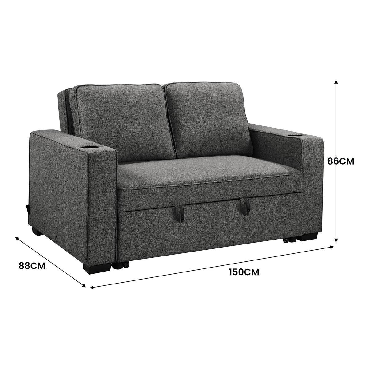 Sarantino Hoffman Convertible Sofa Bed | Dark Grey | Cushions & Cupholders | Scandinavian Wooden Frame & Legs