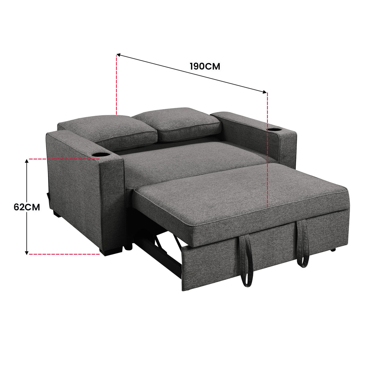 Sarantino Hoffman Convertible Sofa Bed | Dark Grey | Cushions & Cupholders | Scandinavian Wooden Frame & Legs