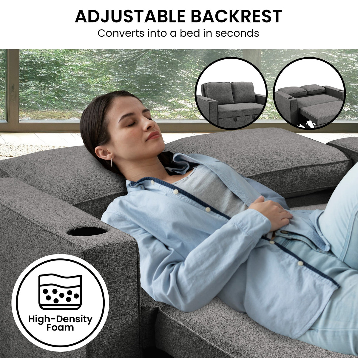 Sarantino Hoffman Convertible Sofa Bed | Dark Grey | Cushions & Cupholders | Scandinavian Wooden Frame & Legs