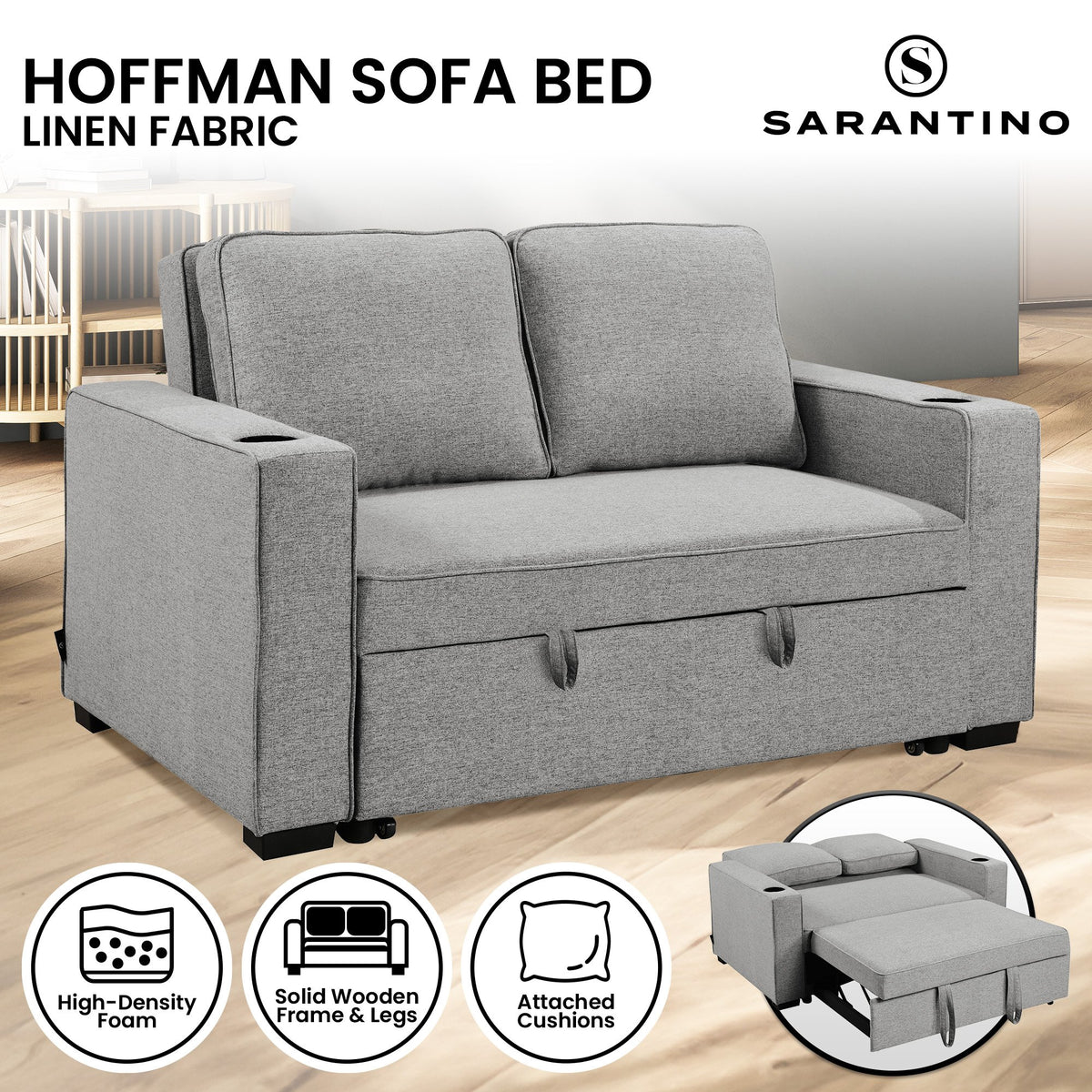 Sarantino Hoffman Linen Sofa Bed Chair | With Cushions & Cup Holders | Light Grey