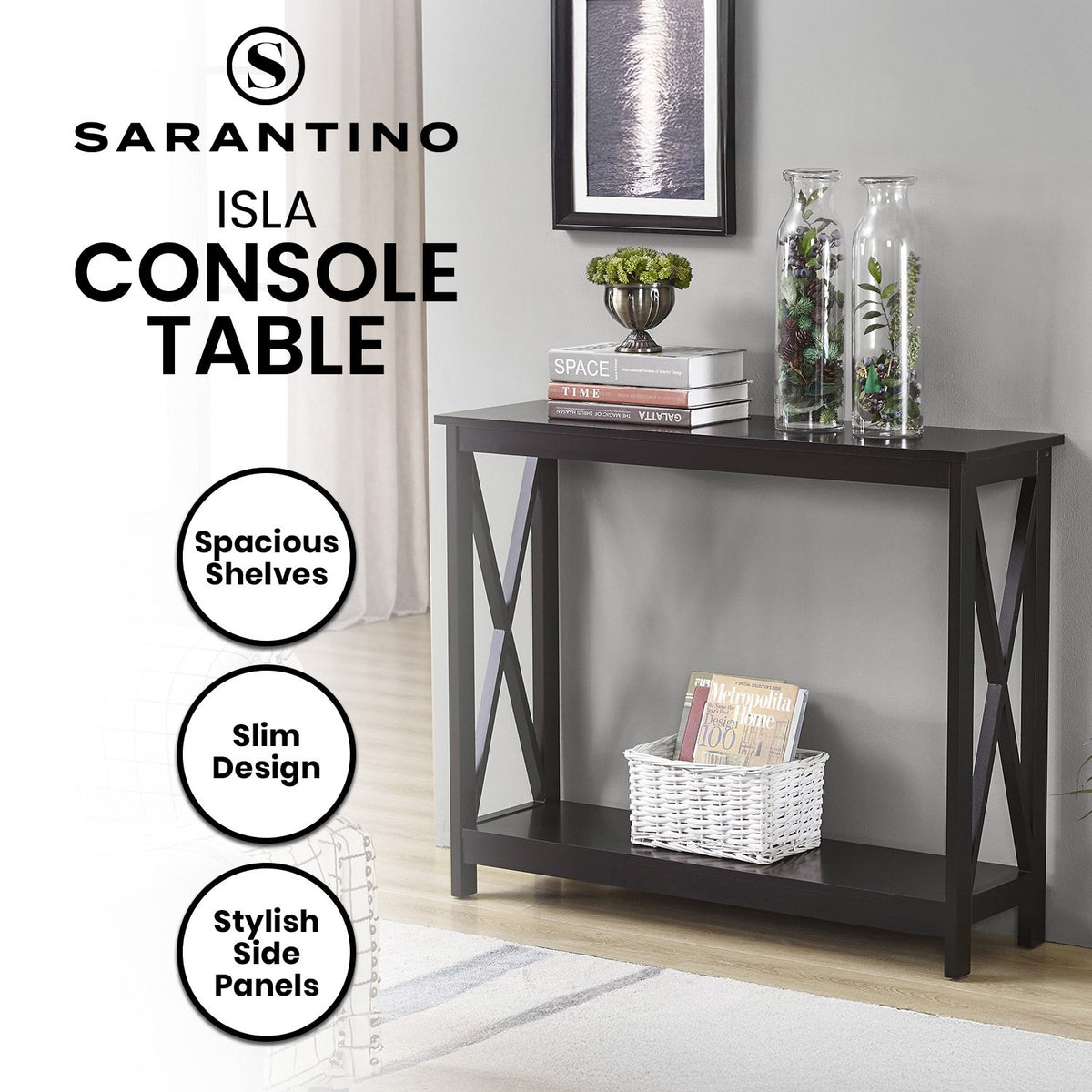 Sarantino Isla Console Table | Black | X-Frame Design | Modern Hallway Furniture