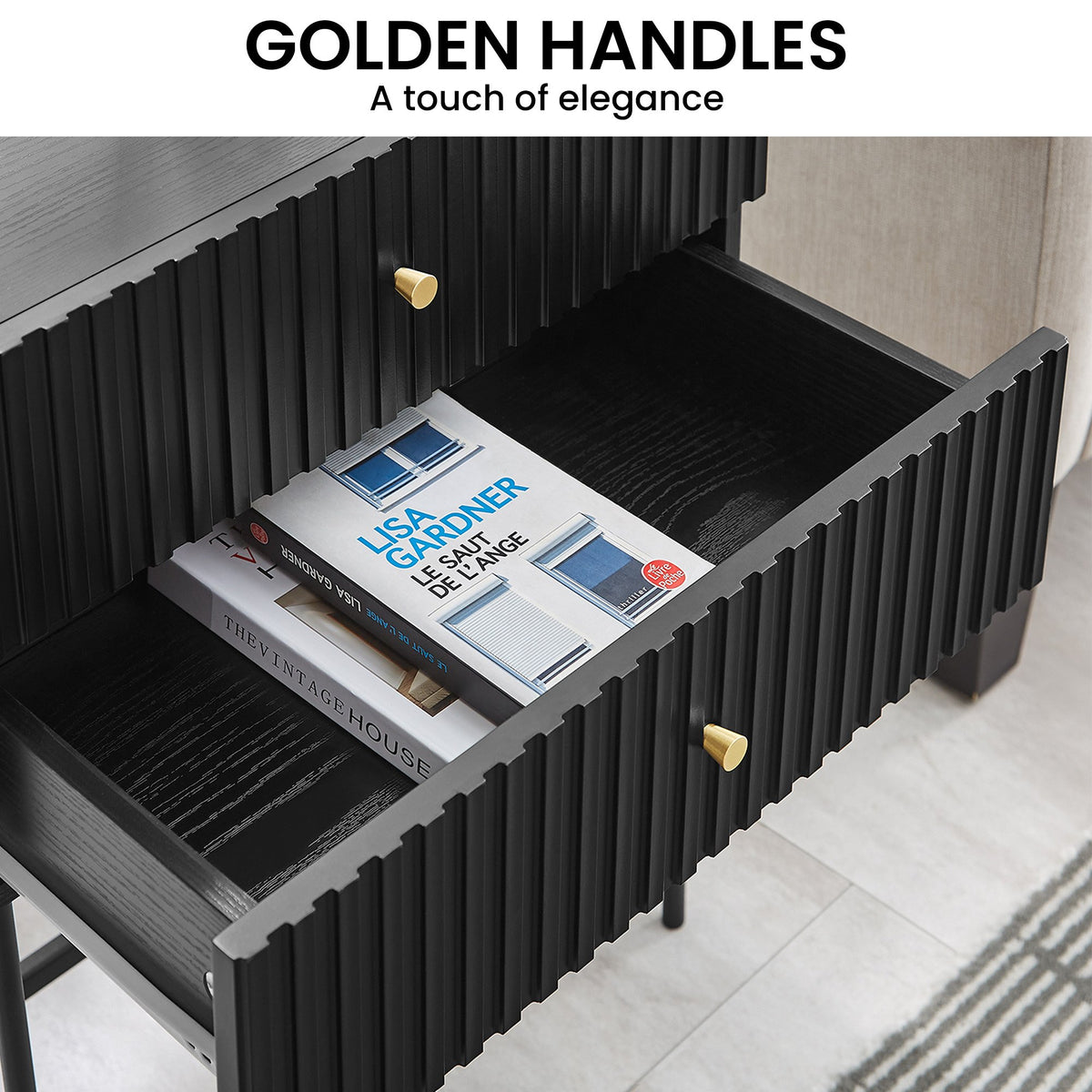 Arden Fluted 2-Drawer Bedside Table | Night Stand | Black