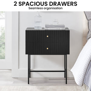 Arden Fluted 2-Drawer Bedside Table | Night Stand | Black