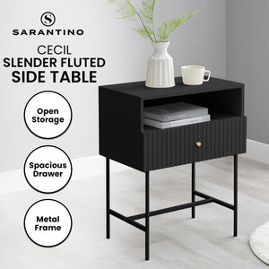 Sarantino Cecil Bedside Table | Slender Fluted Design | Black Finish