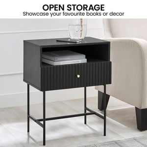 Sarantino Cecil Bedside Table | Slender Fluted Design | Black Finish