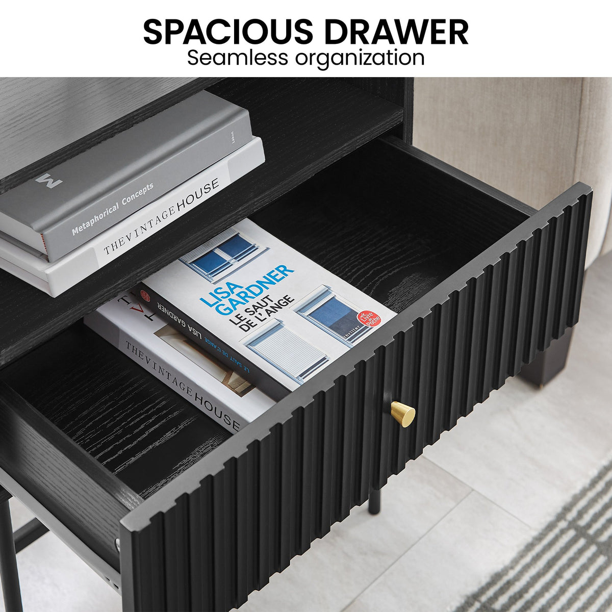 Sarantino Cecil Bedside Table | Slender Fluted Design | Black Finish