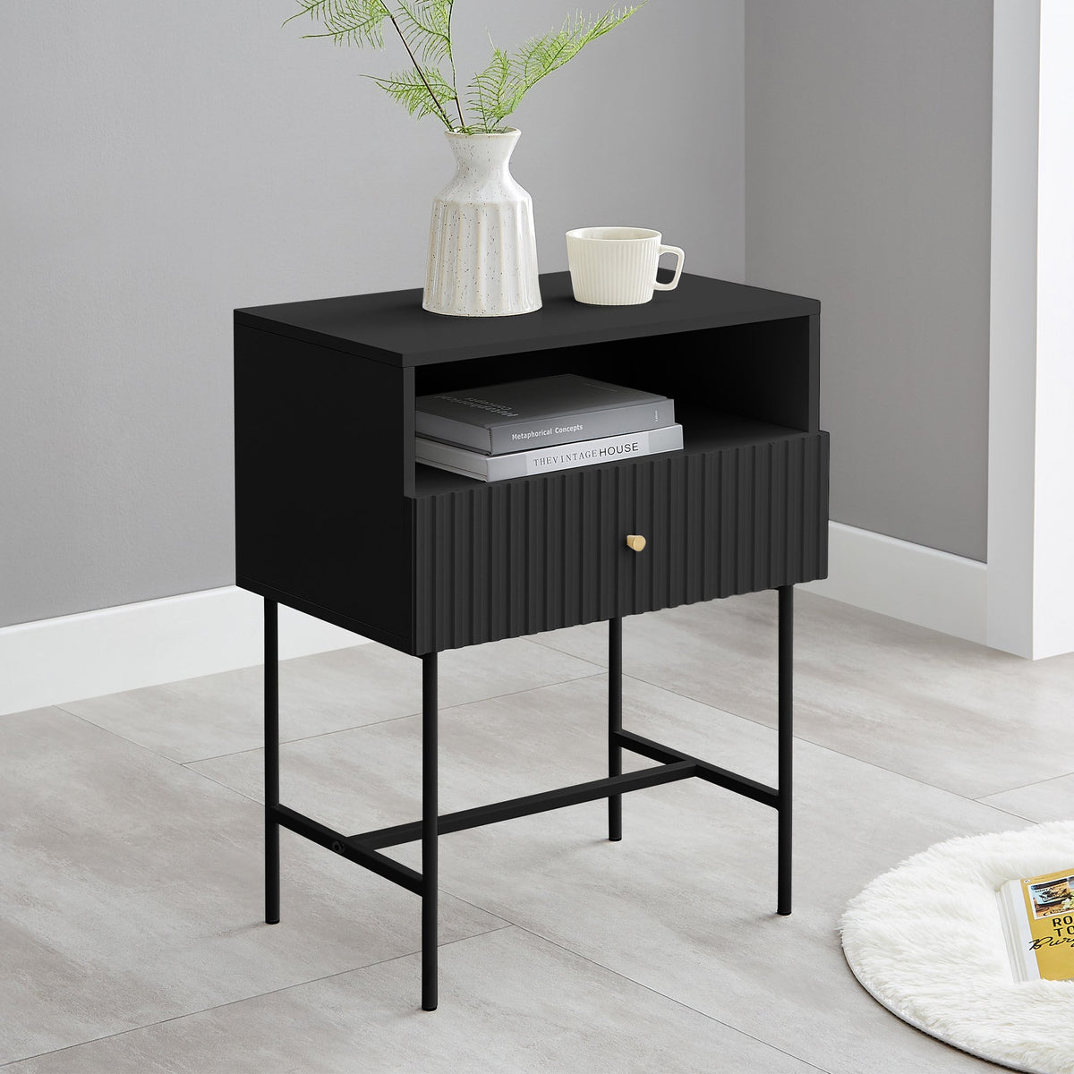 Sarantino Cecil Bedside Table | Slender Fluted Design | Black Finish