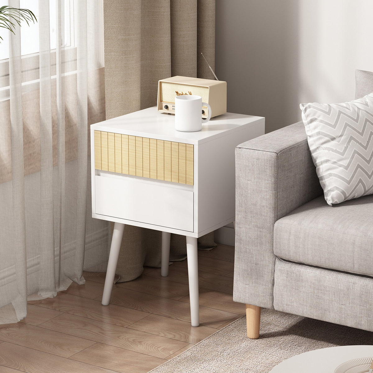 Sarantino Clio Bedside Table | Night Stand | White/Natural | Modern Style
