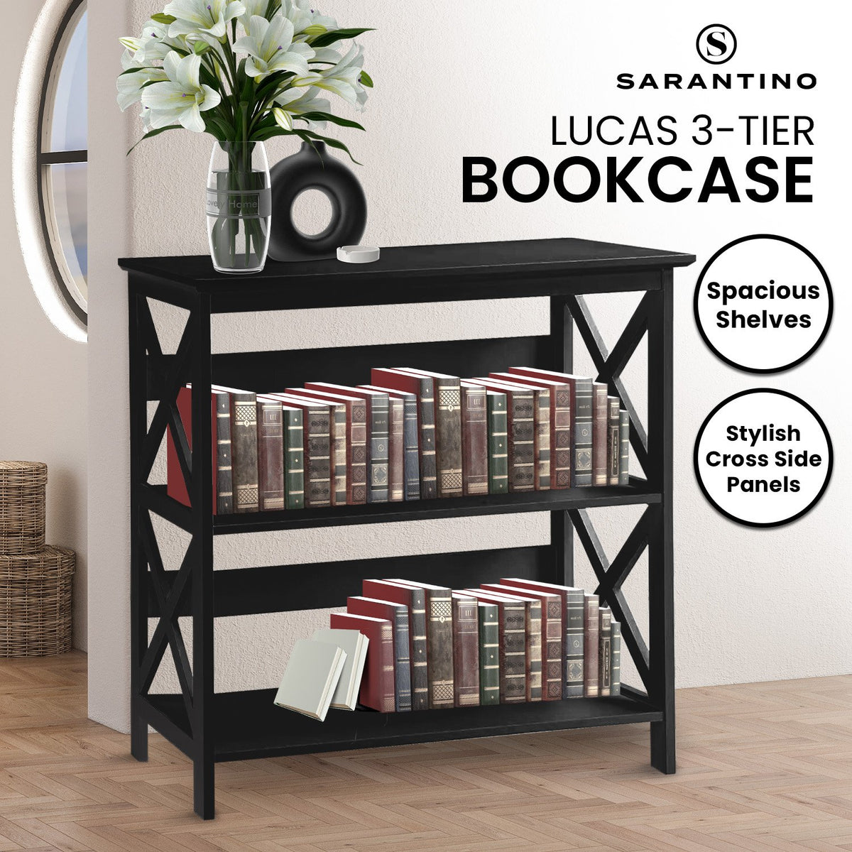Sarantino Lucas 3-Tier Bookshelf | Black | Display Rack Storage Shelves