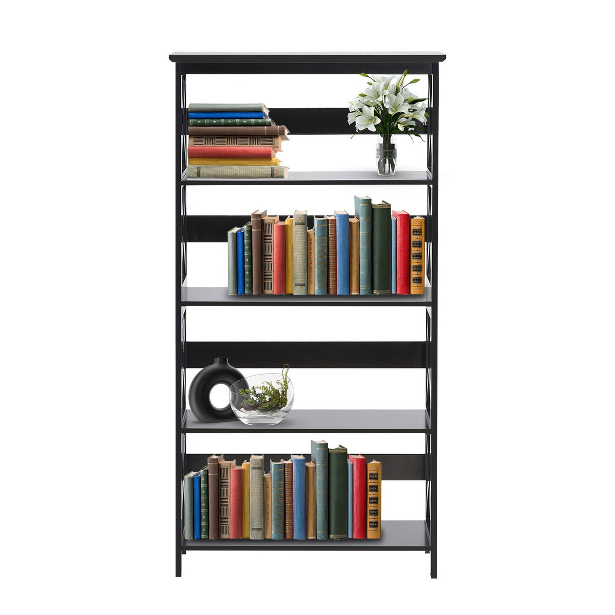 Sarantino Daphne Bookshelf | 5-Tier | Cross Panel Design | Modern Storage