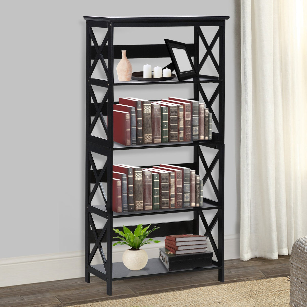 Sarantino Daphne Bookshelf | 5-Tier | Cross Panel Design | Modern Storage