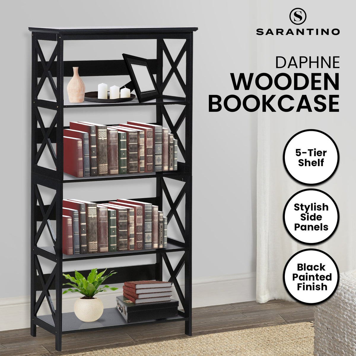 Sarantino Daphne Bookshelf | 5-Tier | Cross Panel Design | Modern Storage