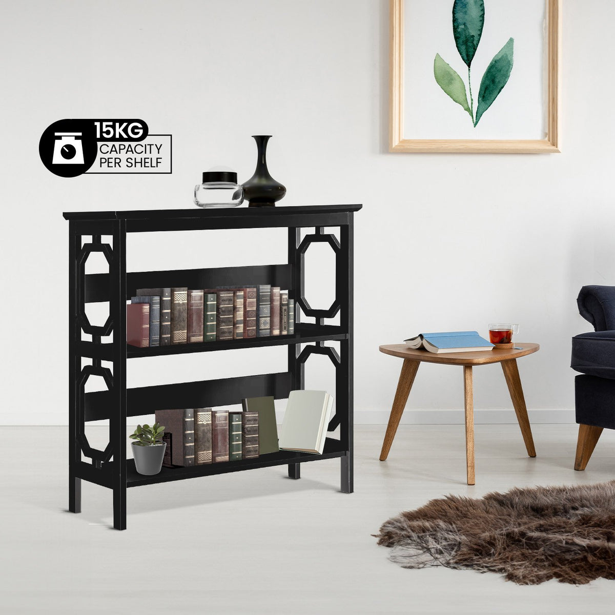 Sarantino Laurel 3-Tier Bookshelf | Black | Modern Display Rack