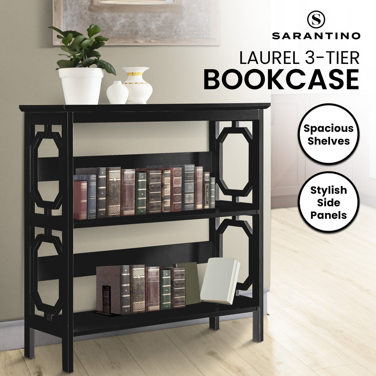 Sarantino Laurel 3-Tier Bookshelf | Black | Modern Display Rack