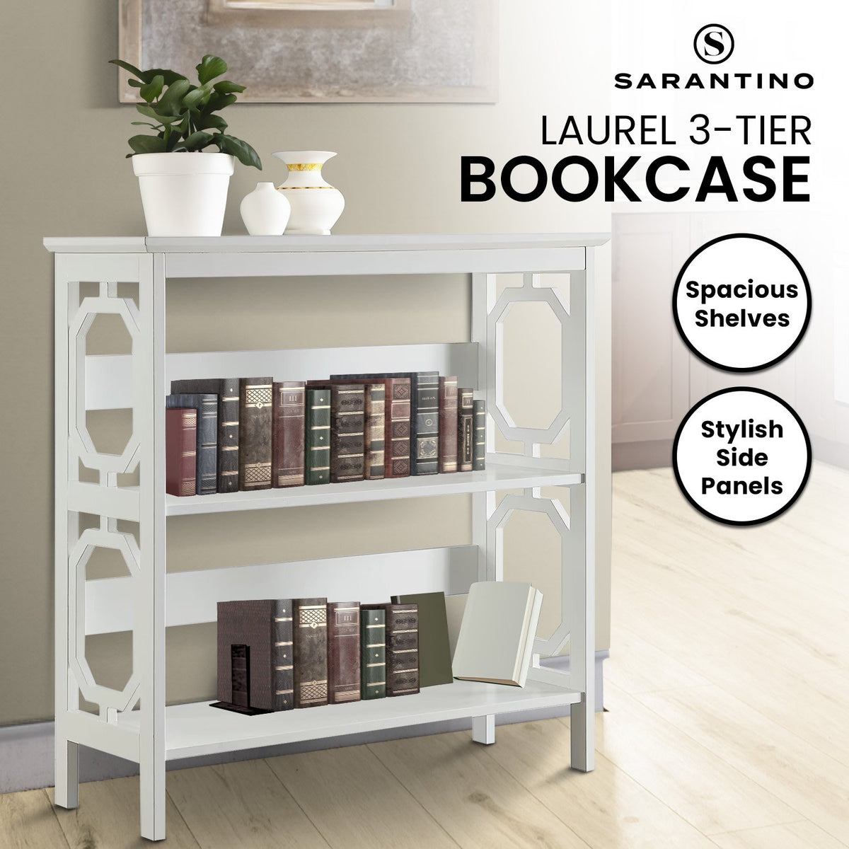 Sarantino Laurel 3-Tier Bookshelf | White | Modern Display Rack