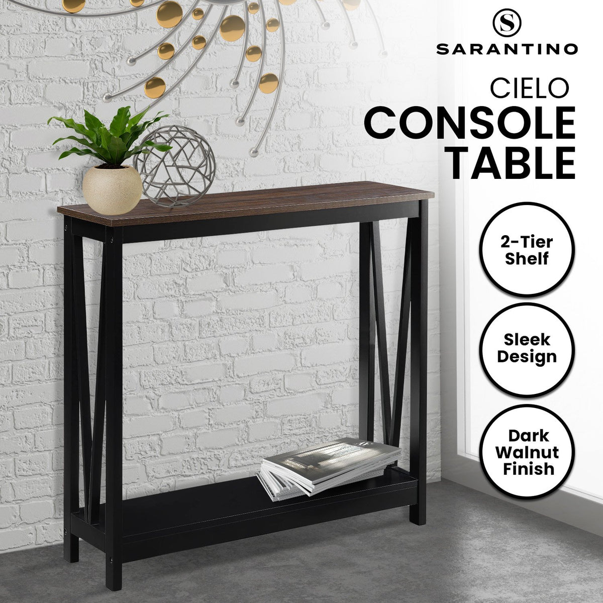Sarantino Cielo Console Table | Dark Walnut | 2-Tier Modern Hallway Table