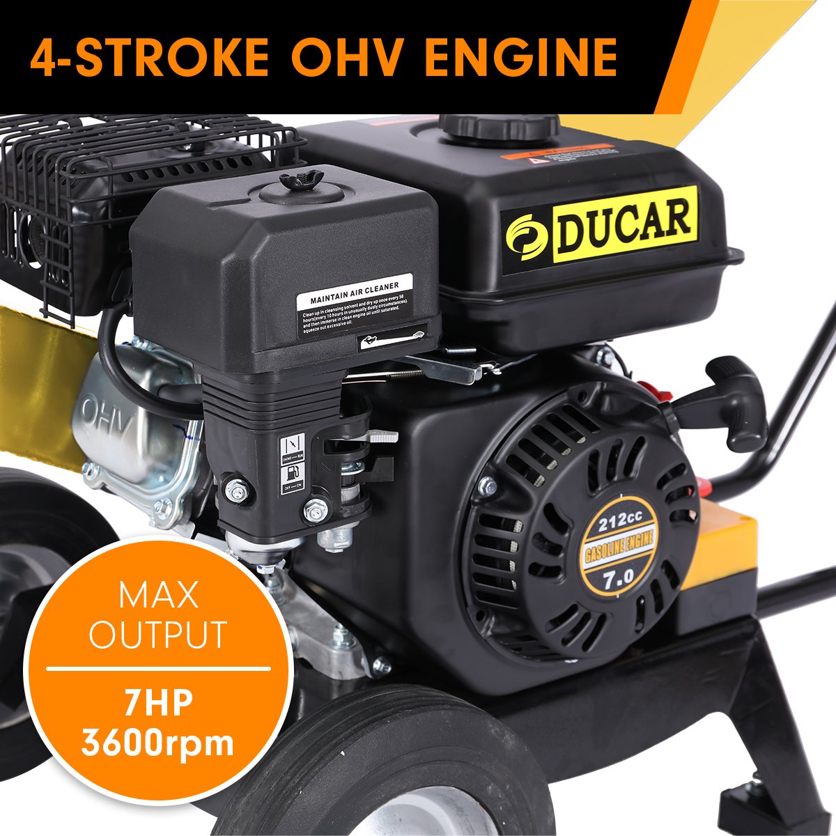 Ducar Wood Chipper | 7HP | Shredder Mulcher Grinder | Petrol | Yellow