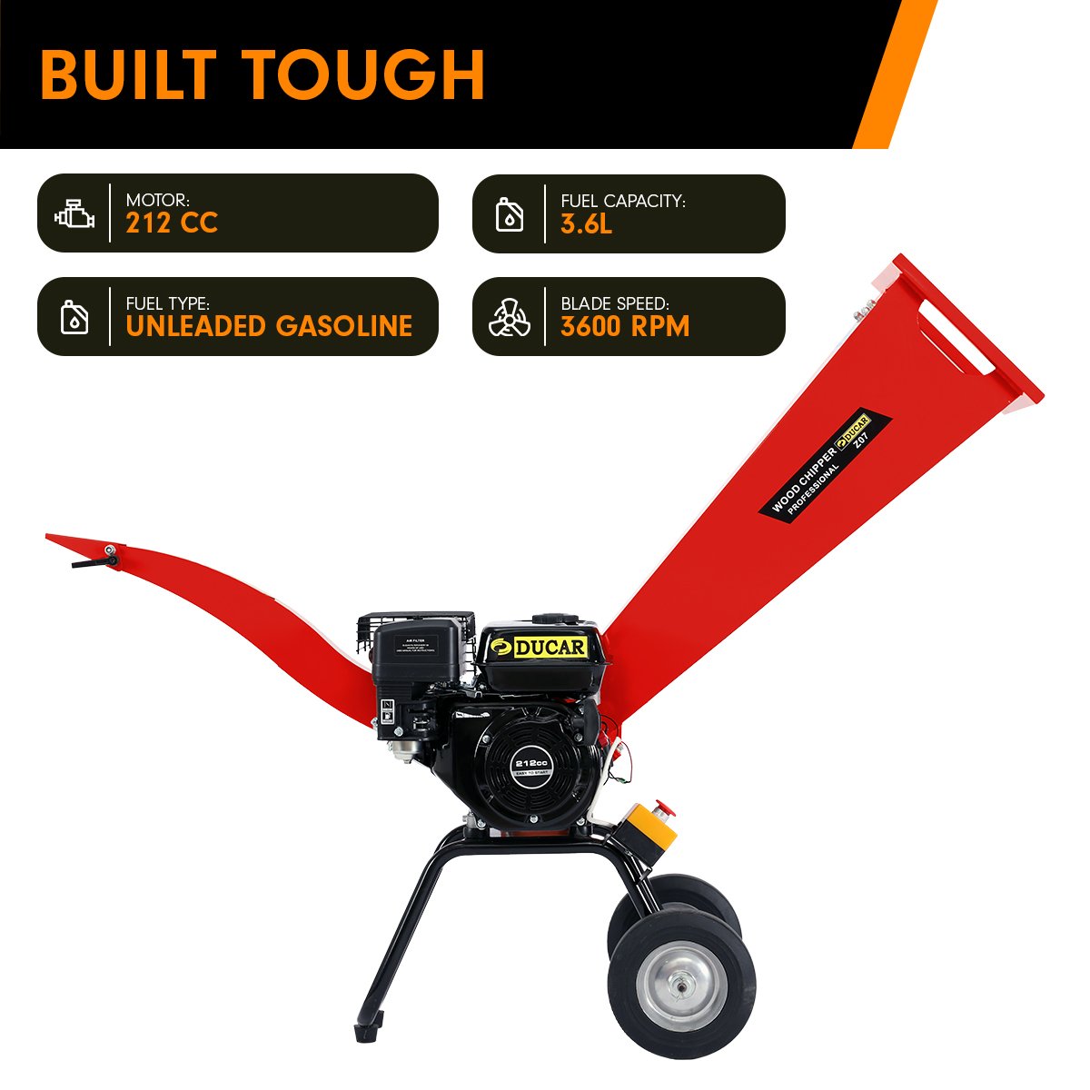 Ducar Wood Chipper | 7HP | Petrol Powered Shredder Mulcher Grinder | Red