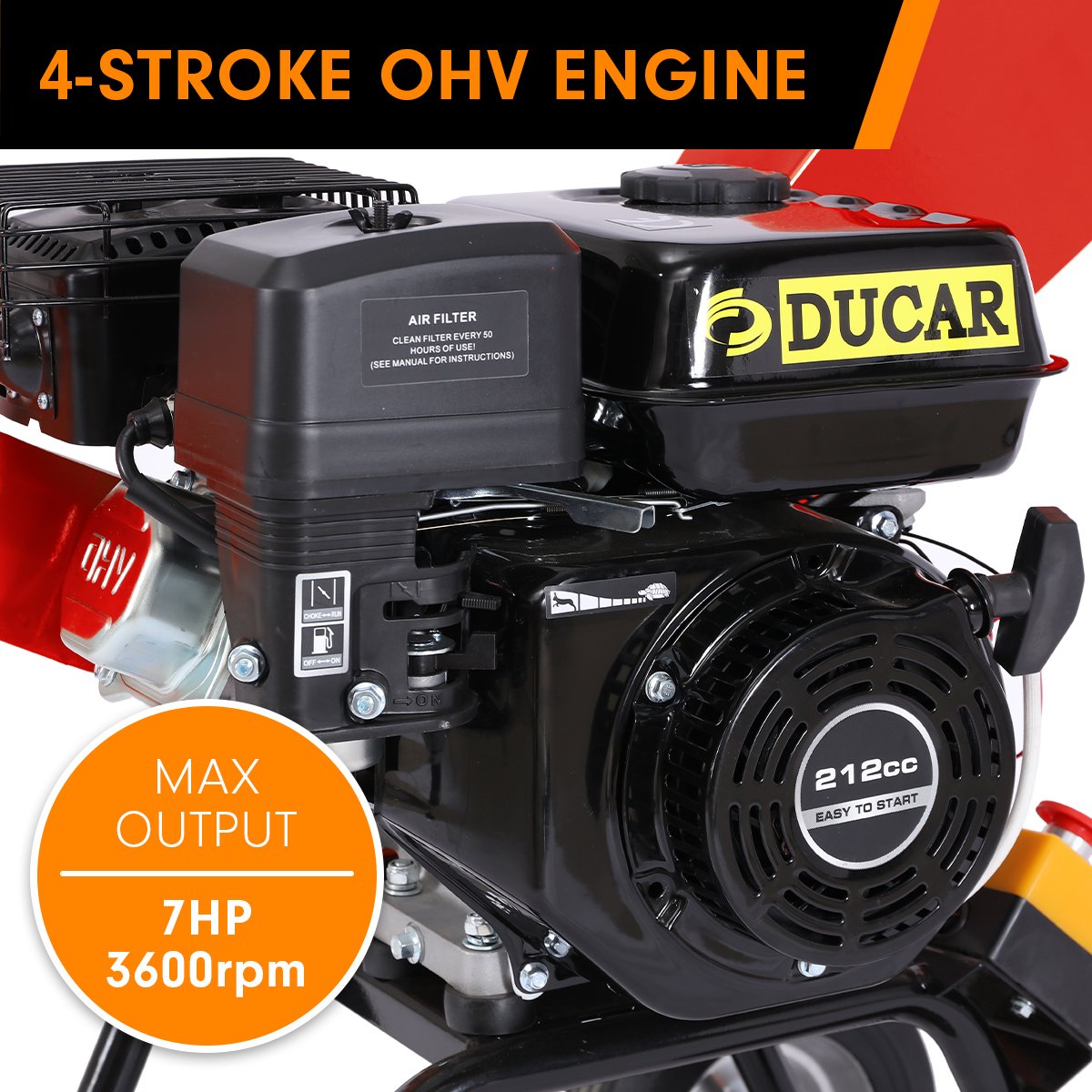 Ducar Wood Chipper | 7HP | Petrol Powered Shredder Mulcher Grinder | Red