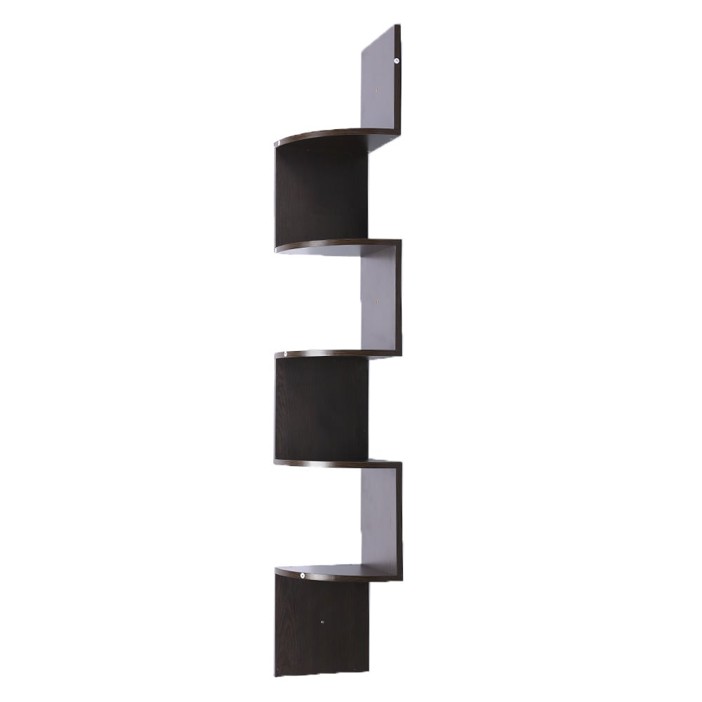 5 Tier Corner Wall Shelf | Display Shelves | DVD Book Storage Rack | Floating Mounted | Dark Brown