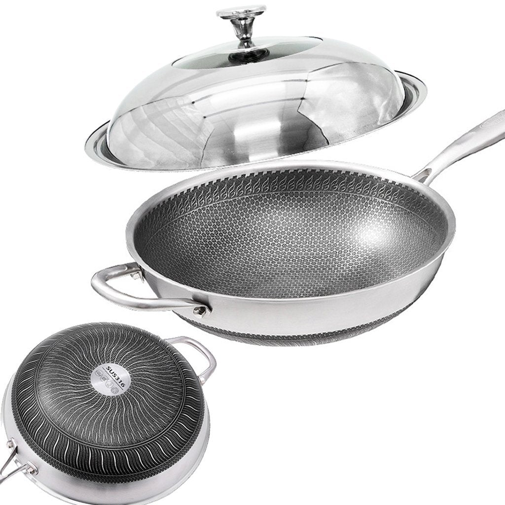 32cm 316 Stainless Steel Non-Stick Stir Fry Wok Pan | Honeycomb Double Sided | With Lid
