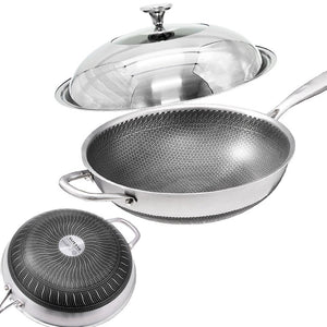 32cm 316 Stainless Steel Non-Stick Stir Fry Wok Pan | Honeycomb Double Sided | With Lid
