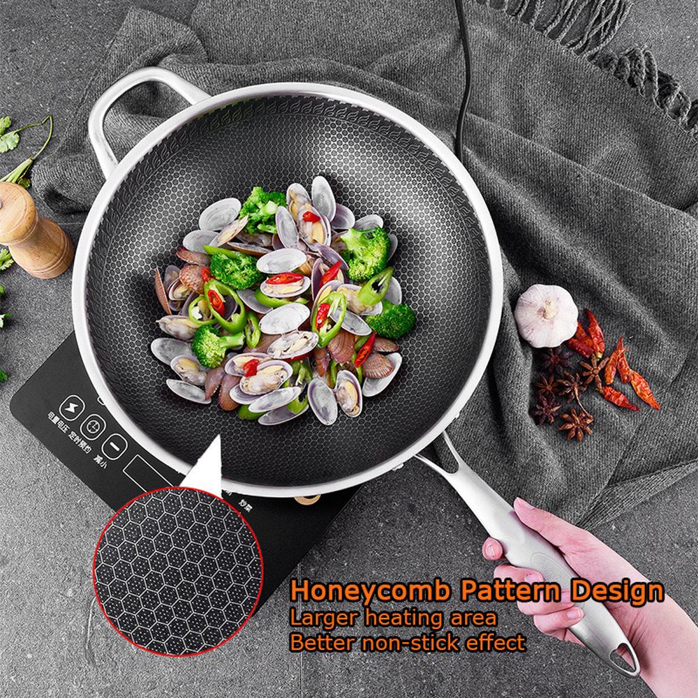 316 Stainless Steel 34cm Non-Stick Stir Fry Wok Pan | Honeycomb Double Sided | Without Lid